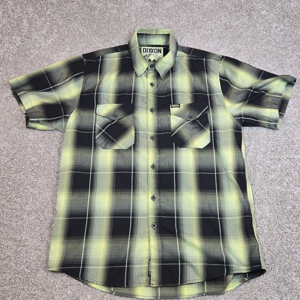 Dixxon Flannel Co Radium Bamboo Short Sleeve Plaid Shirt Mens Large Black Yellow - Picture 2 of 8